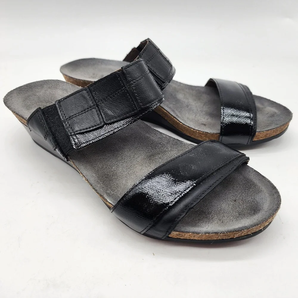 Naot Kayla Wedge Sandals Womens 37 US 6 Black Leather Cork Footbed